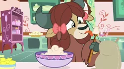 Size: 1280x720 | Tagged: safe, derpibooru import, screencap, yona, yak, she's all yak, batter, bow, bowl, cloven hooves, cute, eating, female, food, hair bow, lemon, licking, monkey swings, pie, solo, spoon, tongue out, yonadorable