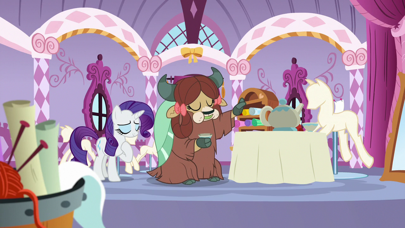 Size: 1280x720 | Tagged: safe, derpibooru import, screencap, rarity, yona, unicorn, yak, she's all yak, bow, cloven hooves, duo, eating, eyes closed, female, hair bow, mare, monkey swings, teapot