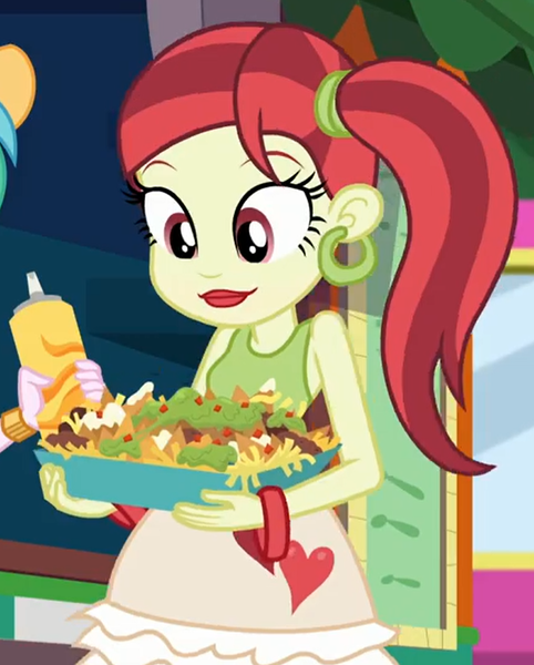 Size: 657x817 | Tagged: safe, derpibooru import, screencap, rose heart, equestria girls, equestria girls series, five lines you need to stand in, spoiler:eqg series (season 2), bracelet, chips, cropped, ear piercing, earring, food, jewelry, nachos, piercing, ponytail