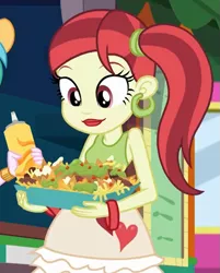 Size: 657x817 | Tagged: safe, derpibooru import, screencap, rose heart, equestria girls, equestria girls series, five lines you need to stand in, spoiler:eqg series (season 2), bracelet, chips, cropped, ear piercing, earring, food, jewelry, nachos, piercing, ponytail