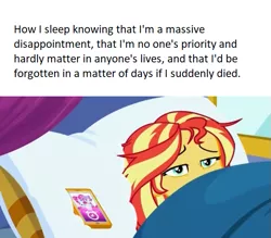 Size: 609x534 | Tagged: safe, derpibooru import, edit, screencap, kiwi lollipop, sunset shimmer, supernova zap, equestria girls, equestria girls series, sunset's backstage pass!, spoiler:eqg series (season 2), depression, k-lo, me irl, meme, postcrush, solo, su-z