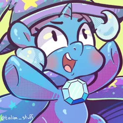 Size: 900x900 | Tagged: artist:talimingi, blushing, cape, chibi, clothes, cute, derpibooru import, diatrixes, hat, open mouth, safe, solo, trixie, trixie's cape, trixie's hat