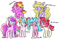 Size: 1220x800 | Tagged: safe, artist:fundaes, derpibooru import, cupcake (g4), feathermay, lily blossom, plumsweet, starbeam twinkle, sweetie swirl, earth pony, pegasus, pony, unicorn, alternate mane six, cutie mark, female, flying, looking at you, mare, simple background, smiling, white background