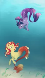 Size: 554x960 | Tagged: alicorn, artist:airborneice, derpibooru import, duo, female, looking at each other, merpony, safe, seaponified, seapony (g4), seapony sunset, seapony twilight, smiling, species swap, sunset shimmer, twilight sparkle, twilight sparkle (alicorn), underwater