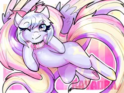 Size: 1024x768 | Tagged: safe, artist:rayadra, derpibooru import, oc, oc:estarstellar, unofficial characters only, pegasus, pony, abstract background, choker, clothes, colored hooves, female, frog (hoof), long hair, looking at you, mare, multicolored hair, multicolored tail, one eye closed, pegasus oc, pigtails, smiling, solo, spread wings, underhoof, underwear, wings, wink