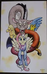 Size: 2447x3837 | Tagged: safe, artist:helicityponi, derpibooru import, discord, fluttershy, draconequus, pegasus, pony, clothes, copic, kimono (clothing), photo, traditional art