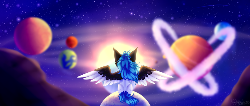 Size: 4492x1900 | Tagged: artist:honeybbear, derpibooru import, earth, female, jupiter, mare, mars, mercury (planet), neptune, nocturnal howler, oc, oc:beatz, original species, planet, planetary ring, pluto (planet), safe, saturn, solar system, solo, space, sun, tangible heavenly object, two toned wings, venus, wings