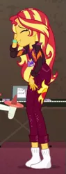 Size: 195x514 | Tagged: safe, derpibooru import, screencap, sunset shimmer, equestria girls, equestria girls series, how to backstage, spoiler:eqg series (season 2), clothes, cropped, eyes closed, female, missing shoes, socks, solo