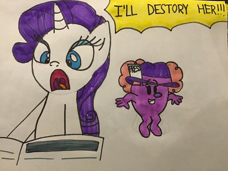 Size: 900x675 | Tagged: safe, artist:tigeressbird324, derpibooru import, rarity, pony, unicorn, crossover, foal free press, gabby gums, i'll destroy her, little miss naughty, misspelling, the mr. men show