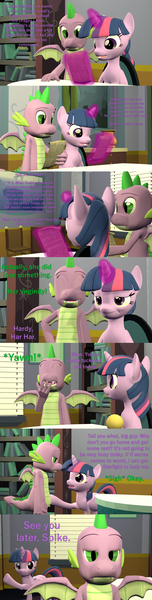 Size: 1920x7560 | Tagged: suggestive, artist:papadragon69, derpibooru import, spike, twilight sparkle, twilight sparkle (alicorn), alicorn, dragon, pony, comic:spike's cyosa, 3d, book, bookshelf, comic, cyoa, letter, older, older spike, school of friendship, scroll, source filmmaker, teenage spike, teenager, tired, winged spike, yawn