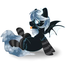 Size: 4584x4091 | Tagged: safe, artist:hellishprogrammer, derpibooru import, oc, oc:winter's night, unofficial characters only, bat pony, pony, bat pony oc, bat wings, blank flank, clothes, colored sclera, commission, ethereal mane, eye scar, female, mare, raised leg, scar, simple background, sitting, socks, solo, starry mane, striped socks, tongue out, transparent background, wings, ych result