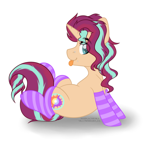 Size: 4584x4091 | Tagged: safe, artist:hellishprogrammer, derpibooru import, oc, oc:dusk fire (ice1517), unofficial characters only, pony, unicorn, icey-verse, clothes, commission, heart eyes, lip piercing, magical lesbian spawn, male, nose piercing, offspring, parent:starlight glimmer, parent:sunset shimmer, parents:shimmerglimmer, piercing, raised leg, simple background, sitting, socks, solo, stallion, striped socks, tongue out, transparent background, wingding eyes, ych result