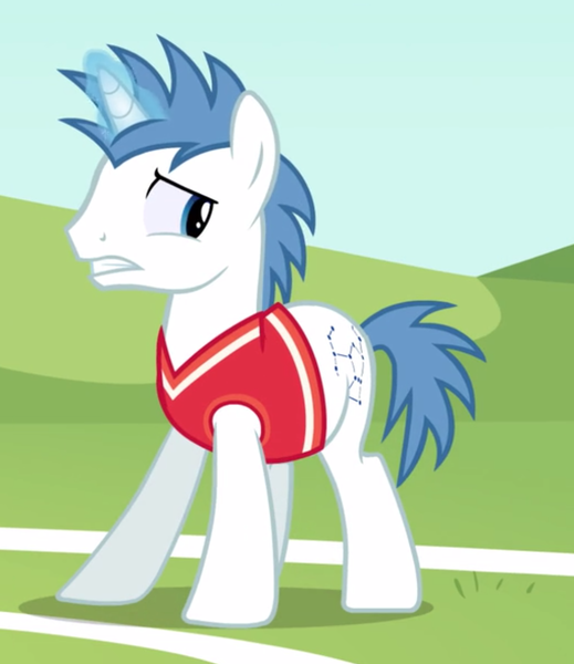 Size: 1158x1340 | Tagged: safe, derpibooru import, screencap, orion, shooting star (character), pony, unicorn, buckball season, background pony, clothes, cropped, glowing horn, horn, looking back, magic, magic aura, male, solo, stallion, tanktop