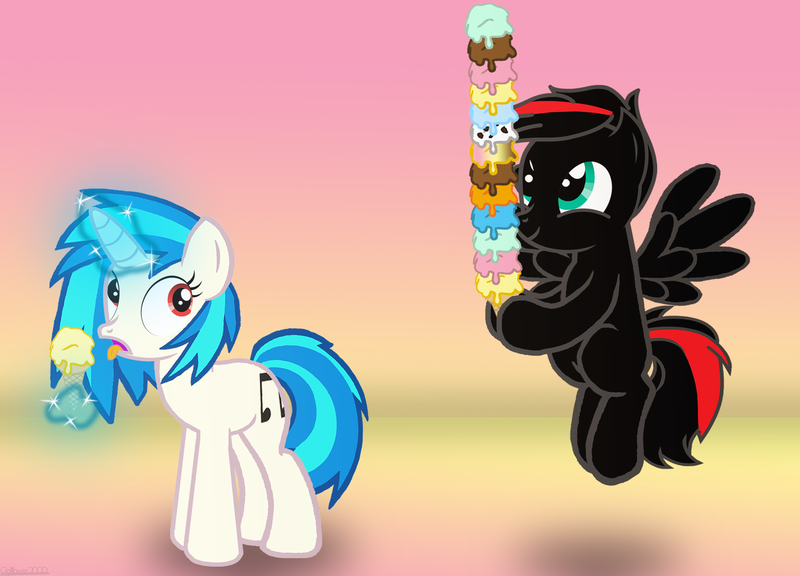 Size: 3000x2160 | Tagged: safe, artist:agkandphotomaker2000, derpibooru import, vinyl scratch, oc, oc:arnold the pony, pegasus, pony, unicorn, food, i don't ship them, ice cream, levitation, magic, red and black mane, red and black oc, surprised, telekinesis, tower of ice cream