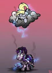 Size: 1382x1920 | Tagged: safe, artist:pirill, derpibooru import, derpy hooves, starlight glimmer, pegasus, pony, unicorn, cloud, electrocution, female, i just don't know what went wrong, lightning, mare, newbie artist training grounds, sleeping, zapped