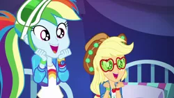 Size: 1920x1080 | Tagged: safe, derpibooru import, screencap, applejack, rainbow dash, accountibilibuddies, equestria girls, equestria girls series, spoiler:choose your own ending (season 2), spoiler:eqg series (season 2), accountibilibuddies: rainbow dash, applejack's festival hat, applejack's sunglasses, bed, clothes, cowboy hat, cute, dashabetes, duo, duo female, fangirling, female, geode of super speed, geode of super strength, hat, implied dirk thistleweed, jackabetes, jacket, magical geodes, ponytail, shirt, smiling, squee, stetson, sunglasses, tent, visor, wristband