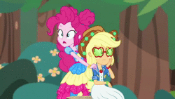 Size: 1920x1080 | Tagged: safe, derpibooru import, screencap, applejack, pinkie pie, accountibilibuddies, equestria girls, equestria girls series, spoiler:choose your own ending (season 2), spoiler:eqg series (season 2), accountibilibuddies: pinkie pie, animated, applejack's sunglasses, boots, bush, clothes, confused, cunning plan, geode of sugar bombs, grin, hand on cheek, hand on chin, hand on shoulder, hand rubbing, hat, implied dirk thistleweed, looking at each other, looking at someone, magical geodes, pointing, raised eyebrow, running, shifty eyes, shoes, sitting, smiling, sneakers, socks, sound, stockings, sunglasses, thigh highs, tree, tree stump, webm, zoom in