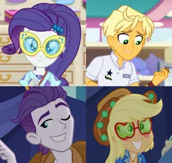 Size: 1133x1070 | Tagged: safe, derpibooru import, screencap, applejack, dirk thistleweed, ragamuffin (equestria girls), rarity, accountibilibuddies, equestria girls, equestria girls series, spring breakdown, spoiler:choose your own ending (season 2), spoiler:eqg series (season 2), accountibilibuddies: rainbow dash, applejack's festival hat, applejack's sunglasses, blushing, coin, cruise outfit, female, geode of shielding, glasses, hat, magical geodes, male, music festival outfit, one eye closed, shipping, shipping drama, shipping fuel, sunglasses, wink