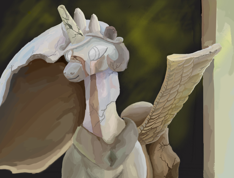 Size: 2424x1848 | Tagged: safe, artist:filomental, derpibooru import, princess celestia, pony, fanfic art, history, ivory (material), monument, statue