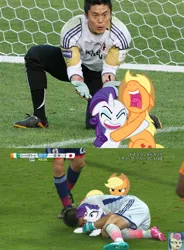 Size: 446x606 | Tagged: safe, derpibooru import, edit, applejack, rarity, pony, côte d'ivoire, football, irl, japan, photo, ponies in real life, sports, world cup