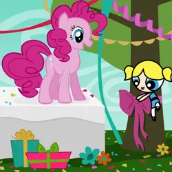 Size: 1000x1000 | Tagged: safe, artist:vmkhappy-panda, derpibooru import, pinkie pie, earth pony, pony, bow, bubbles (powerpuff girls), cartoon network, crossover, decoration, flower, party, present, streamers, the powerpuff girls, tree