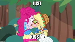 Size: 800x450 | Tagged: safe, derpibooru import, applejack, pinkie pie, accountibilibuddies, equestria girls, equestria girls series, spoiler:eqg series (season 2), applepie, cute, female, kissy face, lesbian, meme, shipping