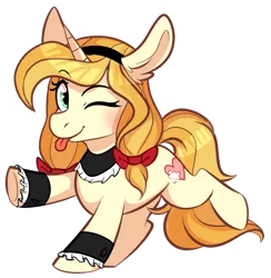 Size: 827x848 | Tagged: safe, artist:daydreamsyndrom, derpibooru import, oc, oc:vive, pony, unicorn, bow, chibi, clothes, cuffs (clothes), female, maid, mare, one eye closed, pigtails, simple background, tongue out, transparent background