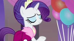 Size: 1280x720 | Tagged: safe, derpibooru import, screencap, rarity, pony, unicorn, she's all yak, balloon, clothes, dress, eyes closed, female, mare, solo