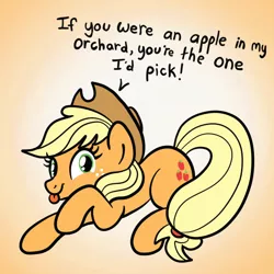 Size: 2100x2100 | Tagged: safe, artist:sjart117, derpibooru import, part of a set, applejack, pony, :p, applejack's hat, bad pickup line, cowboy hat, female, flirting, freckles, hat, looking at you, mare, pickup lines, prone, silly, solo, speech, talking, tongue out