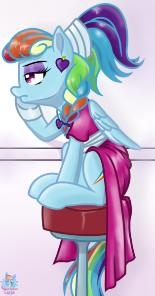 Size: 797x1522 | Tagged: safe, artist:dstears, artist:rainbow eevee, color edit, derpibooru import, edit, rainbow dash, pegasus, pony, sparkle's seven, alternate hairstyle, clothes, colored, cute, cutie mark, dashabetes, dress, ear piercing, earring, female, jewelry, makeup, mare, megaradash, necklace, piercing, rainbow dash always dresses in style, rainbow dash is not amused, regalia, simple background, sitting, solo, stool, trace, unamused