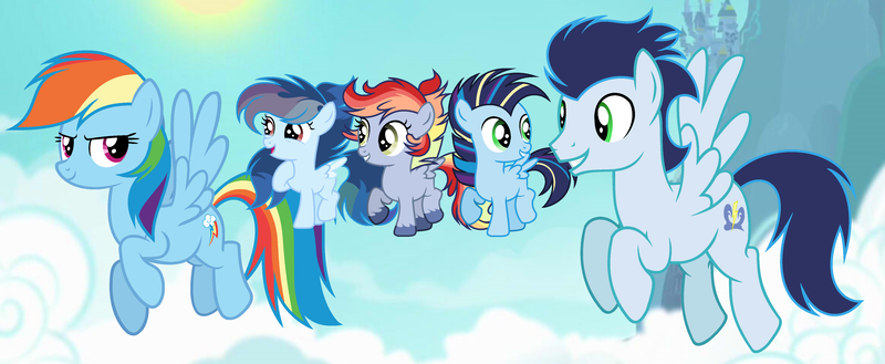 Size: 4400x1808 | Tagged: safe, artist:diamond-chiva, derpibooru import, rainbow dash, soarin', pony, family, female, male, offspring, parent:rainbow dash, parent:soarin', parents:soarindash, shipping, soarindash, straight