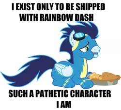 Size: 2900x2629 | Tagged: safe, artist:chainchomp2, derpibooru import, edit, rainbow dash, soarin', pegasus, pony, caption, clothes, female, food, image, image macro, implied shipping, implied soarindash, implied straight, male, pie, png, solo, straight, text, uniform, wonderbolts uniform