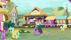 Size: 1280x720 | Tagged: safe, derpibooru import, screencap, apple bloom, berry punch, berryshine, carrot top, daisy, flower wishes, golden harvest, granny smith, lightning bolt, piña colada, scootaloo, sea swirl, seafoam, serena, spike, sunshower raindrops, sweetie belle, twilight sparkle, twinkleshine, white lightning, dragon, earth pony, pegasus, pony, unicorn, baby, baby dragon, cutie mark crusaders, friendship express, opening, theme song