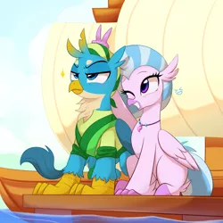 Size: 2900x2900 | Tagged: safe, artist:maren, derpibooru import, gallus, silverstream, gryphon, hippogriff, fanfic, fanfic:set sail, boat, bunny ears (gesture), clothes, commission, cover art, cute, diastreamies, fanfic art, fanfic cover, female, gallabetes, gallstream, hippogriff navy, jewelry, male, necklace, one eye closed, prank, sails, sailship, shipping, silly, smiling, straight, uniform, water