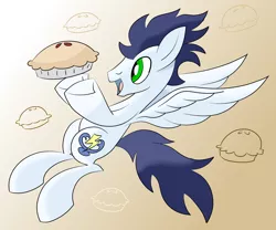 Size: 2400x2000 | Tagged: safe, artist:notadeliciouspotato, derpibooru import, soarin', pegasus, pony, abstract background, food, looking at something, male, pie, solo, spread wings, stallion, that pony sure does love pies, wings
