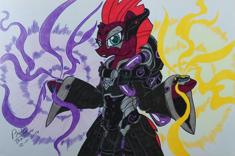 Size: 3155x2102 | Tagged: safe, artist:boyoxhot, derpibooru import, tempest shadow, pony, unicorn, broken horn, clothes, cosplay, costume, crossover, female, horn, mare, moira, moira o'deorain, overwatch, solo