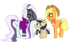 Size: 328x202 | Tagged: safe, artist:lilysponees, derpibooru import, applejack, coloratura, earth pony, pony, applejack's hat, blushing, countess coloratura, cowboy hat, family, female, flower, hat, lesbian, magical lesbian spawn, mare, mouth hold, offspring, parent:applejack, parent:coloratura, parents:rarajack, rarajack, shipping, simple background, transparent background