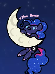Size: 1280x1707 | Tagged: safe, artist:flutterluv, derpibooru import, pinkie pie, pony, series:flutterluv's full moon, bodypaint, clothes, cosplay, costume, cute, diapinkes, dot eyes, eating, edible heavenly object, moon, night, nom, onomatopoeia, paint, paint in hair, paint on fur, ponk, sky, solo, tangible heavenly object