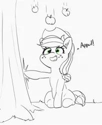 Size: 2017x2471 | Tagged: safe, artist:pabbley, derpibooru import, applejack, earth pony, pony, apple, apple tree, applejack's hat, appul, cowboy hat, cute, ear fluff, falling, female, food, freckles, hat, jackabetes, looking up, mare, monochrome, neo noir, open mouth, partial color, silly, silly pony, sitting, smiling, solo, that pony sure does love apples, tree, who's a silly pony