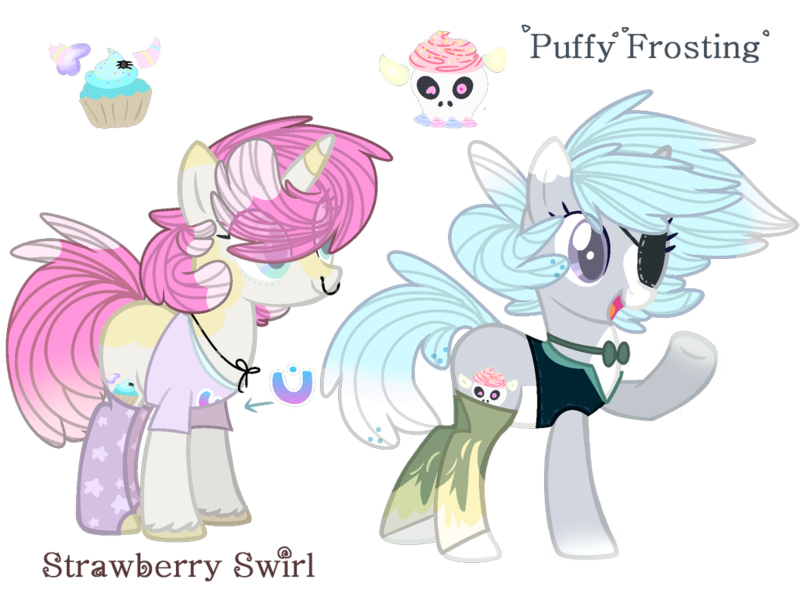 Size: 1032x774 | Tagged: safe, artist:bublebee123, derpibooru import, oc, oc:puffy frosting, oc:strawberry swirls (ice1517), unofficial characters only, pony, unicorn, blaze (coat marking), bowtie, clothes, eyepatch, female, jewelry, mare, markings, necklace, nose piercing, nose ring, pale belly, piercing, raised hoof, shirt, simple background, socks, suit, t-shirt, transparent background, unshorn fetlocks