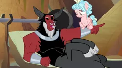 Size: 1280x720 | Tagged: safe, derpibooru import, screencap, cozy glow, lord tirek, centaur, pegasus, pony, frenemies (episode), barbell, bow, cloven hooves, crossed hooves, duo, female, filly, flying, foal, hair bow, male, nose piercing, nose ring, piercing, pointing, tail bow