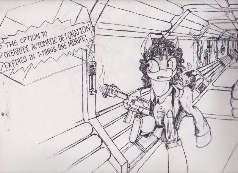 Size: 877x638 | Tagged: safe, artist:scribblepwn3, derpibooru import, ponified, alien, cat, earth pony, pony, alien (franchise), comic panel, corridor, crossover, ellen ripley, female, flamethrower, horror, ink, mare, monochrome, nostromo, pen drawing, science fiction, traditional art, weapon