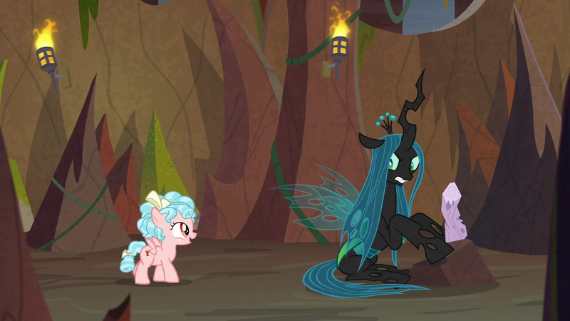 Size: 1280x720 | Tagged: safe, derpibooru import, screencap, cozy glow, queen chrysalis, changeling, changeling queen, pegasus, pony, frenemies (episode), duo, female, filly, foal, log, sitting, torch