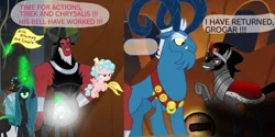 Size: 1400x700 | Tagged: safe, derpibooru import, edit, edited screencap, screencap, cozy glow, grogar, king sombra, lord tirek, queen chrysalis, centaur, changeling, changeling queen, pegasus, pony, unicorn, frenemies (episode), the beginning of the end, bell, crystal ball, engrish, evil lair, female, filly, foal, grammar error, grogar's bell, grogar's lair, grogar's orb, lair, magic, magic aura, male, raised hoof, speech bubble, stallion, telekinesis