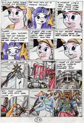 Size: 2322x3408 | Tagged: safe, artist:40kponyguy, derpibooru import, rainbow dash, rarity, human, pegasus, pony, unicorn, 40kponyguy's the staff of aurelian, ahzek ahriman, armor, colored pencil drawing, comic, crossover, female, iron warriors, male, man, mare, power armor, speech bubble, this will end in explosions, traditional art, warhammer (game), warhammer 40k