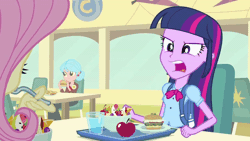 Size: 900x506 | Tagged: safe, derpibooru import, screencap, fluttershy, twilight sparkle, equestria girls, equestria girls (movie), animated, apple, burger, eating, food, humans doing horse things, mouth hold, salad