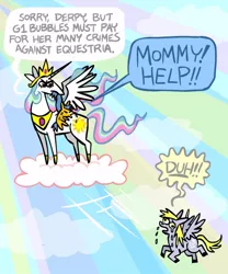 Size: 500x600 | Tagged: safe, artist:coyotecoyote, derpibooru import, bubbles (g1), derpy hooves, princess celestia, pegasus, pony, fanfic:past sins, crimes against equestria, crying, female, g1, mare, parody, tyrant celestia