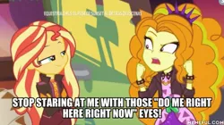 Size: 600x335 | Tagged: suggestive, derpibooru import, edit, edited screencap, screencap, adagio dazzle, sunset shimmer, equestria girls, equestria girls series, sunset's backstage pass!, spoiler:eqg series (season 2), bedroom eyes, caption, female, image macro, implied sex, lesbian, shipping, smugset shimmer, sunsagio, text