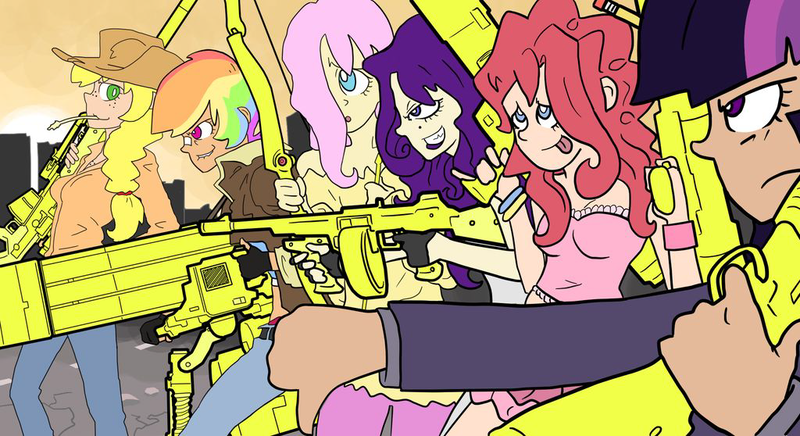 Size: 1024x558 | Tagged: applejack, artist:shrimpshogun, bow (weapon), derpibooru import, fanfiction idea, fluttershy, gun, human, humanized, mane six, minigun, pencil, pinkie pie, rainbow dash, rarity, rifle, rocket launcher, safe, sniper rifle, tommy gun, twilight sparkle, weapon