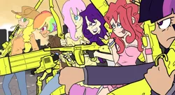 Size: 1024x558 | Tagged: applejack, artist:shrimpshogun, bow (weapon), derpibooru import, fanfiction idea, fluttershy, gun, human, humanized, mane six, minigun, pencil, pinkie pie, rainbow dash, rarity, rifle, rocket launcher, safe, sniper rifle, tommy gun, twilight sparkle, weapon